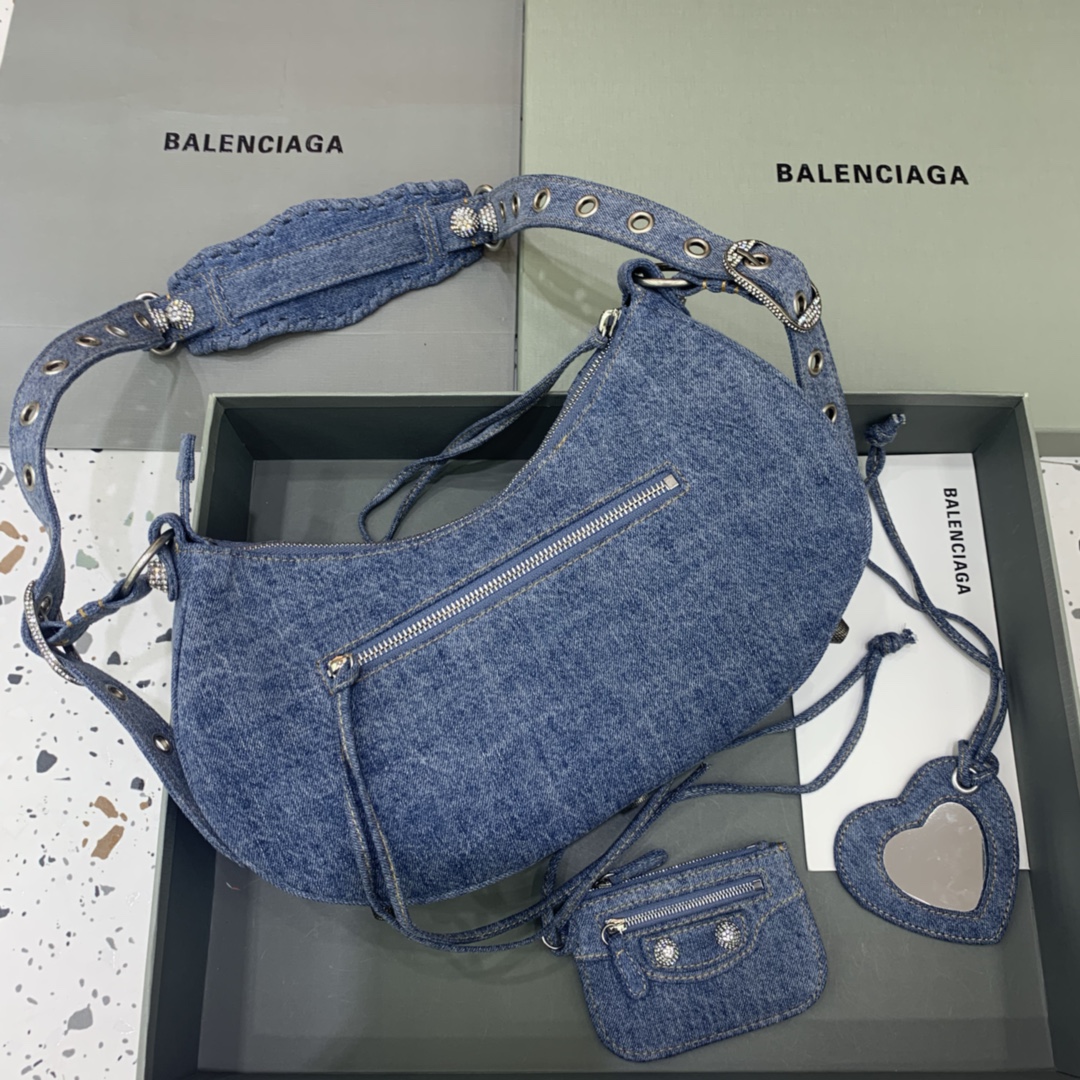 Balenciaga Le Cagole Small Shoulder Bag in Denim With Rhinestones